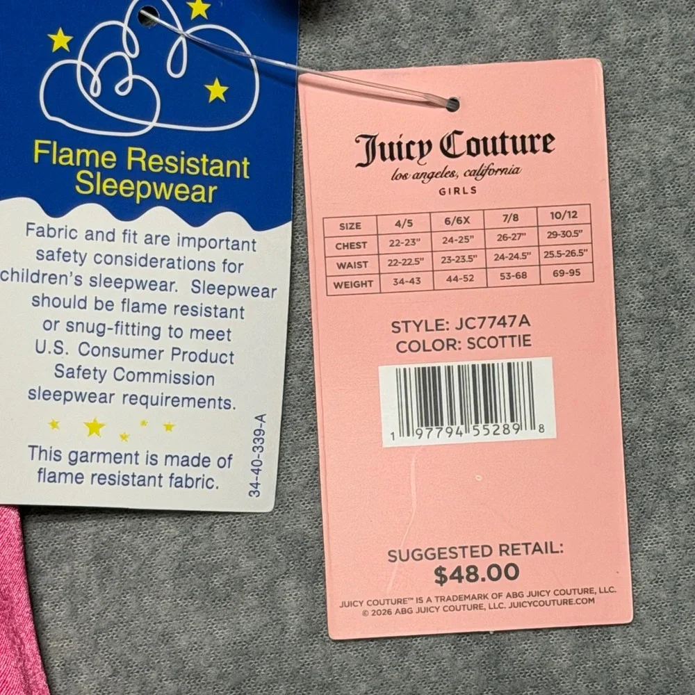 Juicy Couture Girls Pink Satin Pajama Set Scottie Dog Rhinestone 6/6X NEW